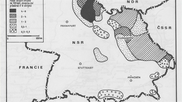 Schematick mapka zachycuje pedpokldanou hustotu sklpk pro uloen jadernch min na zem zpadnho Nmecka.