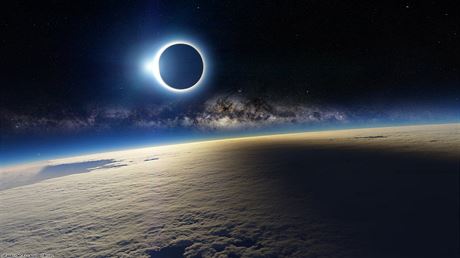 Zábr na zatmní Slunce z ISS je úchvatný, ale falený. Jde o renderovanou scénu