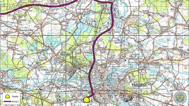 Mapa prjezdu americkho vojenskho konvoje Pardubicemi