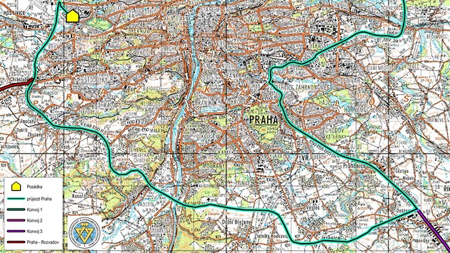 Mapa prjezdu amerického vojenského konvoje Prahou