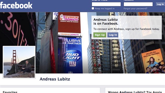 Facebookov strnka Andrease Lubitze.