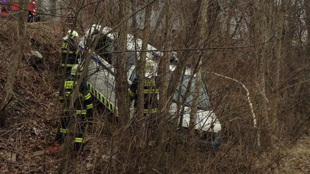 Honika BMW se strnkm nepovedla. Sami skonili ve srzu mezi stromy. (22.3.2015)