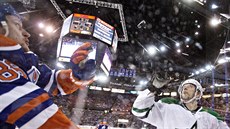 Jason Spezza (vpravo) z Dallasu a Nikita Nikitin z Edmontonu u mantinelu bojují... Jason Spezza (vpravo) z Dallasu a Nikita Nikitin z Edmontonu u mantinelu bojují...