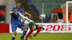 Souboj o mí v podání bulharského fotbalisty Ivelina Popova (vlevo) a Itala...