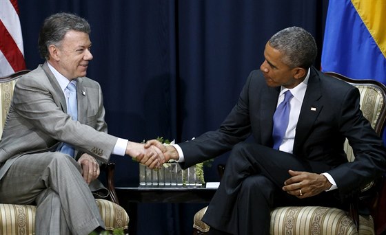 Prezident Obama ped jednáním s prezidentem Kolumbie Juanem Manuelem Santosem....
