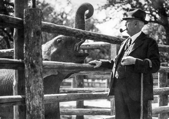 Profesor Jií Janda se slonem Babym, který piel do zoo v ervenci 1933.