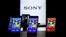 Sony's new Xperia Z4 smartphones are displayed at the company headquarters in...