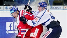 Atakovaný Vladimír Sobotka v utkání s Finskem.