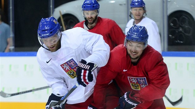 Hokejov tonk Jan Kov (vpravo) trnuje souhru s Jaromrem Jgrem ped startem MS v Praze.