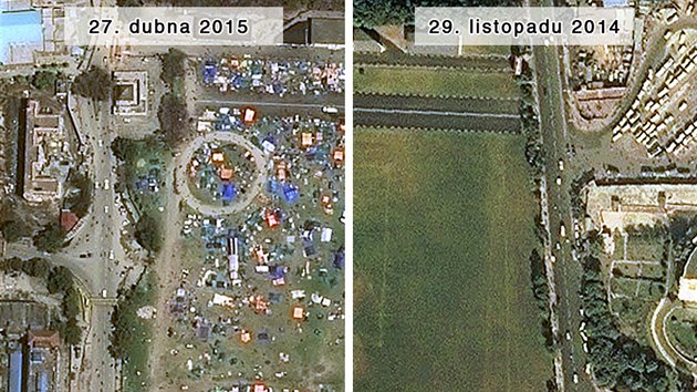 Park Tundikhel v centru Kthmnd na satelitnch snmcch z dubna 2015 a listopadu 2014.