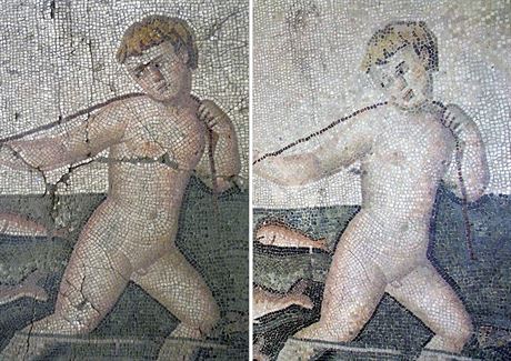 Poniená ímská mozaika (vlevo ped zásahem restaurátor) z Archeologického...