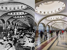 Stanice moskevského metra Majakovskaja. Snímek vlevo je z roku 1941 bhem...
