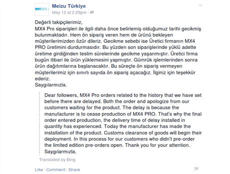 Tureck distribuce Meizu informuje o nedostupnosti modelu MX4 Pro