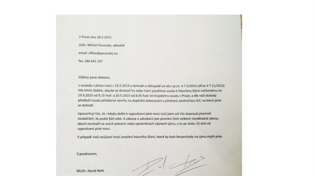Dopis, který David Rath poslal faxem advokátu Michalu Pacovskému.