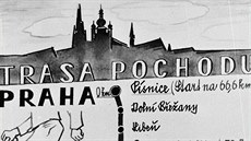 Historická pohlednice se schematickou trasou pochodu v roce 1969.