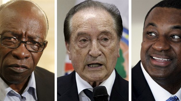 Jack Warner (zleva), Eugenio Figuerido a Jeffrey Webb. Vlivn fotbalov funkcioni, kte byli zaten v souvislosti s korupnm skandlem FIFA.