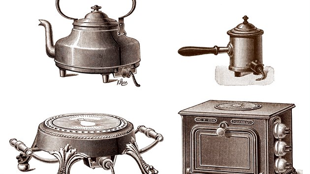 Domc elektrick spotebie z konce 19. stolet. Vlevo nahoe je rychlovarn konvice, vpravo nahoe konvika na horkou vodu, vlevo dole je varn deska a vpravo dole elektrick spork. 