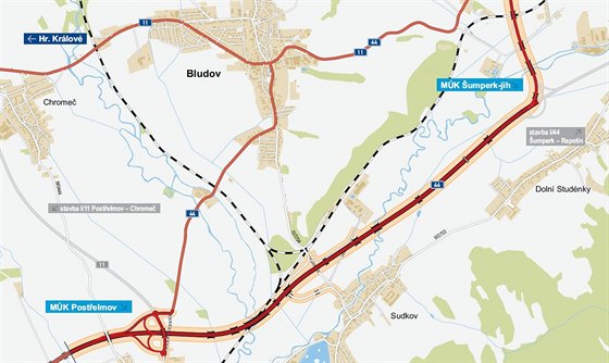 Mapa plánovaného úseku silnice I/44 tvoícího obchvat Bludova.