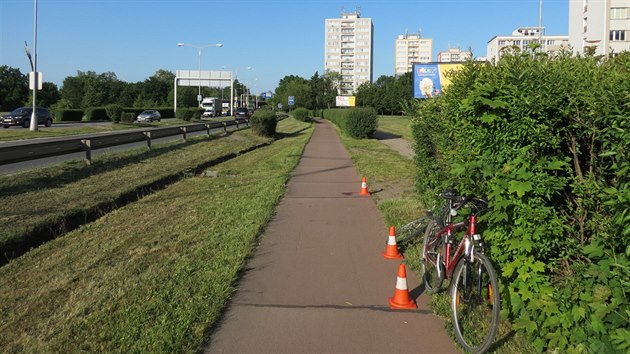 Dva cyklist se srazili na stezce podl Gorova okruhu v Hradci Krlov (4. 6. 2015).