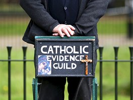 A speaker from the Catholic Evidence Guild stands on a stepladder at Speakers'...