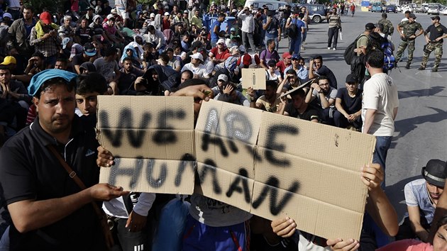 Syrt migranti na eckm ostrov Lesbos protestuj za lep ivotn podmnky v uprchlickch tborech. (15. ervna 2015)