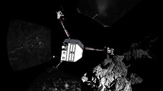Upravený panoramatický snímek okolí sondy Philae s vloeným obrázkem sondy...