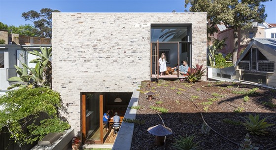 Oba trakty domu spojuje mimo jiné i zelená stení terasa osázená sukulenty.