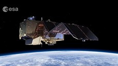 Ilustrace rozkládání slunečních panelů na družici Sentinel-2A. Ilustrace rozkládání slunečních panelů na družici Sentinel-2A.