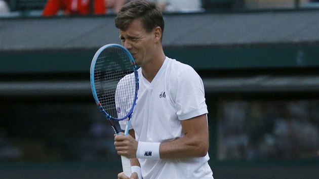 esk tenista Tom Berdych pedvd zajmavou grimasu v utkn 1. kola Wimbledonu.