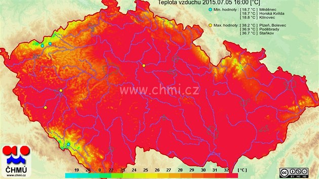 Mapa ukazuje, jak bylo esko rozplen v nedli v 16:00, kdy teploty...