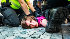 Policie zadrela na demonstraci proti uprchlíkm pt lidí (1. ervence 2015).