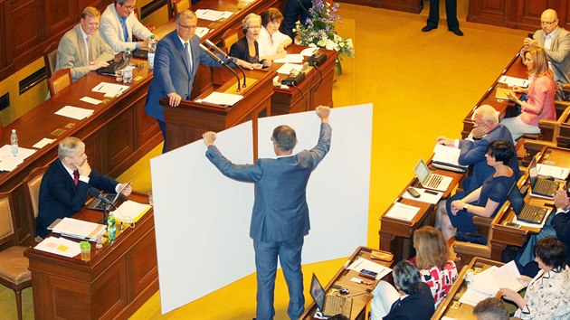 Ministr financ Andrej Babi s obmi tenkami bhem jednn o elektronick evidenci treb na pd Poslaneck snmovny. (10. ervence 2015)
