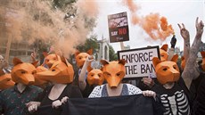 Lidé demonstrovali ped britským parlamentem, kvli projednávanému zákazu...