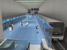 Finální vizualizace řešení interiéru stanice metra Písnice na trase D (9/2014).