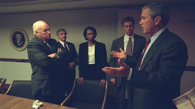 U.S. President George Bush is pictured with U.S. Vice President Dick Cheney and senior staff in the President's Emergency Operations Center in Washington in the hours following the September 11, 2001 attacks in this U.S National Archives handout pho