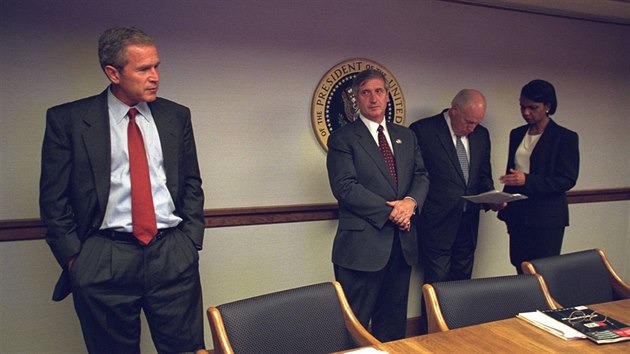 U.S. President George Bush is pictured with U.S. Vice President Dick Cheney and National Security Advisor Condoleezza Rice in the President's Emergency Operations Center in Washington in the hours following the September 11, 2001 attacks in this U.S