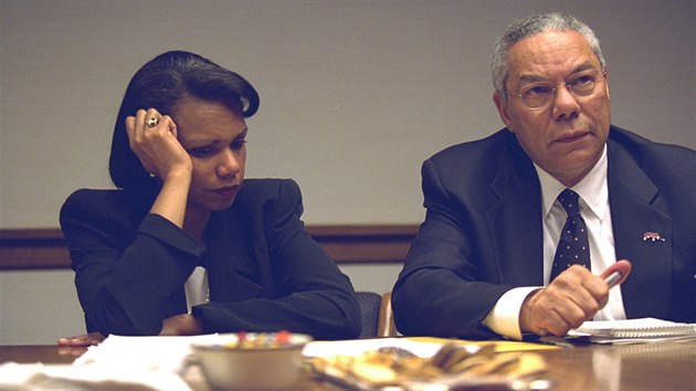 U.S. Secretary of State Colin Powell (R) and National Security Advisor Condoleezza Rice in the President's Emergency Operations Center in Washington in the hours following the September 11, 2001 attacks in this U.S. National 
Archives handout photo obtained by Reuters July 24, 2015. REUTERS/U.S. National 
Archives/Handout via Reuters