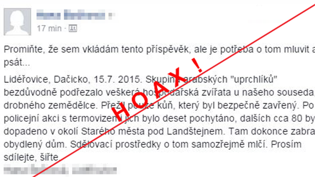 Zaruen informace, kter se 15. ervence objevila na Facebooku. Pozdji se sv facebookov strnce autorka zprvy omlouvila, e zprva nen pravdiv. Mezitm vak ada lid zprvu ila na Facebooku i v internetovch diskuzch.