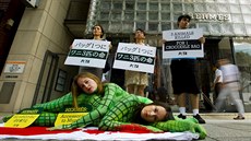 Aktivisté PETA protestují ped obchodem Hermés proti zabíjení krokodýl (Tokio,...