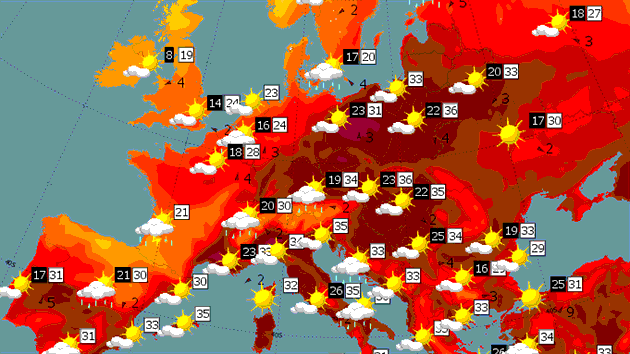 Pedpov teplot na sobotu v Evrop (7. srpna 2015).