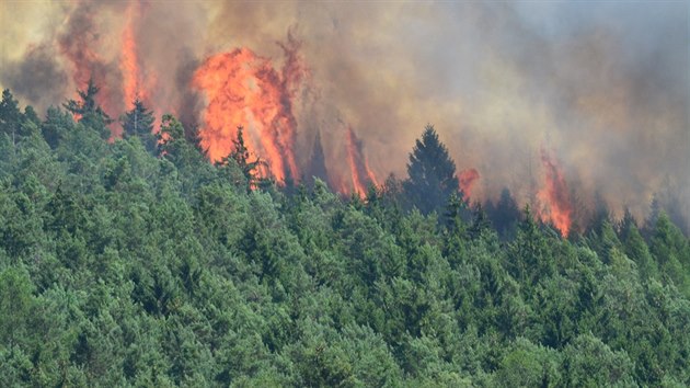 Rozshl por lesa u Dobva na Rokycansku likviduj hasii z Plzeskho a Stedoeskho kraje, pomh jim i vrtulnk s vodnm vakem. (7. srpna 2015)