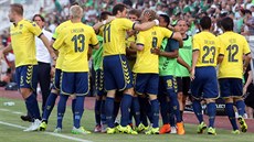 Fotbalisté Bröndby Kodaň se radují z gólu. Fotbalisté Bröndby Kodaň se radují z gólu.