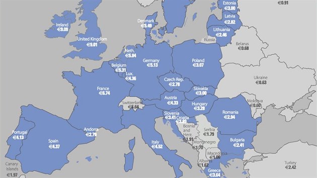 Ceny krabiky cigaret v zemch Evropsk unie. esko je tet nejlevnj po Litv a Bulharsku.