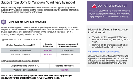 Zatm neupgradujte! Rad Sony uivatelm notebook Vaio.