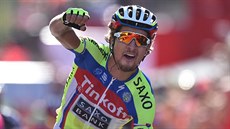 Slovenský cyklista Peter Sagan se raduje z vítězství ve třetí etapě Vuelty. Slovenský cyklista Peter Sagan se raduje z vítězství ve třetí etapě Vuelty.