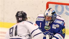 Vítkovický hokejista Michael Vandas pálí na brankáe Marka iliaka z Komety.