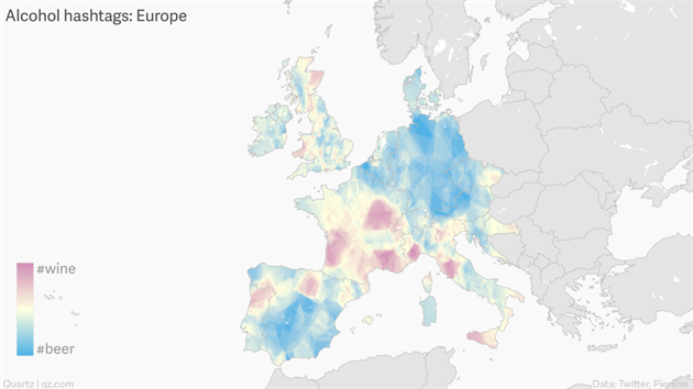 Kde se v Evrop pije vno a kde pivo podle Twitteru.