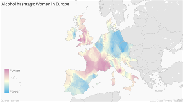 Kde se v Evrop pije vno a kde pivo podle Twitteru (pouze eny).