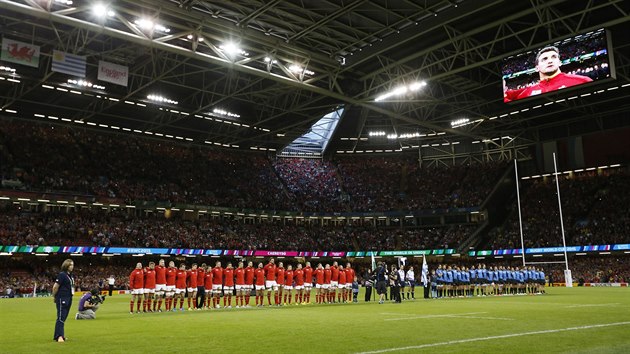 Momentka z utkn Wales vs. Uruguay na mistrovstv svta v ragby.