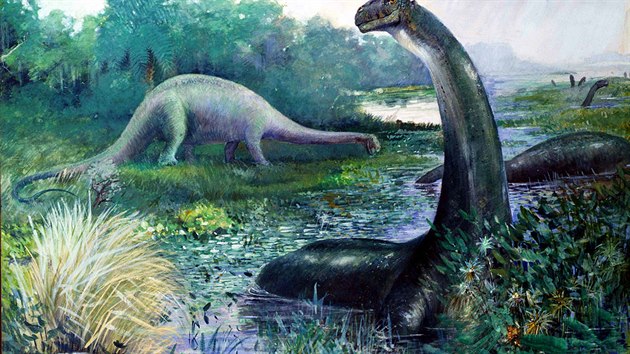 Zastaralá rekonstrukce vzezení obího sauropodního dinosaura rodu Brontosaurus...